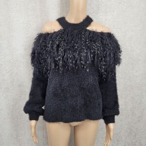 Main Strip Black Cold Shoulder Fuzzy Fringe Sweater Boutique NWT Women's S / M
